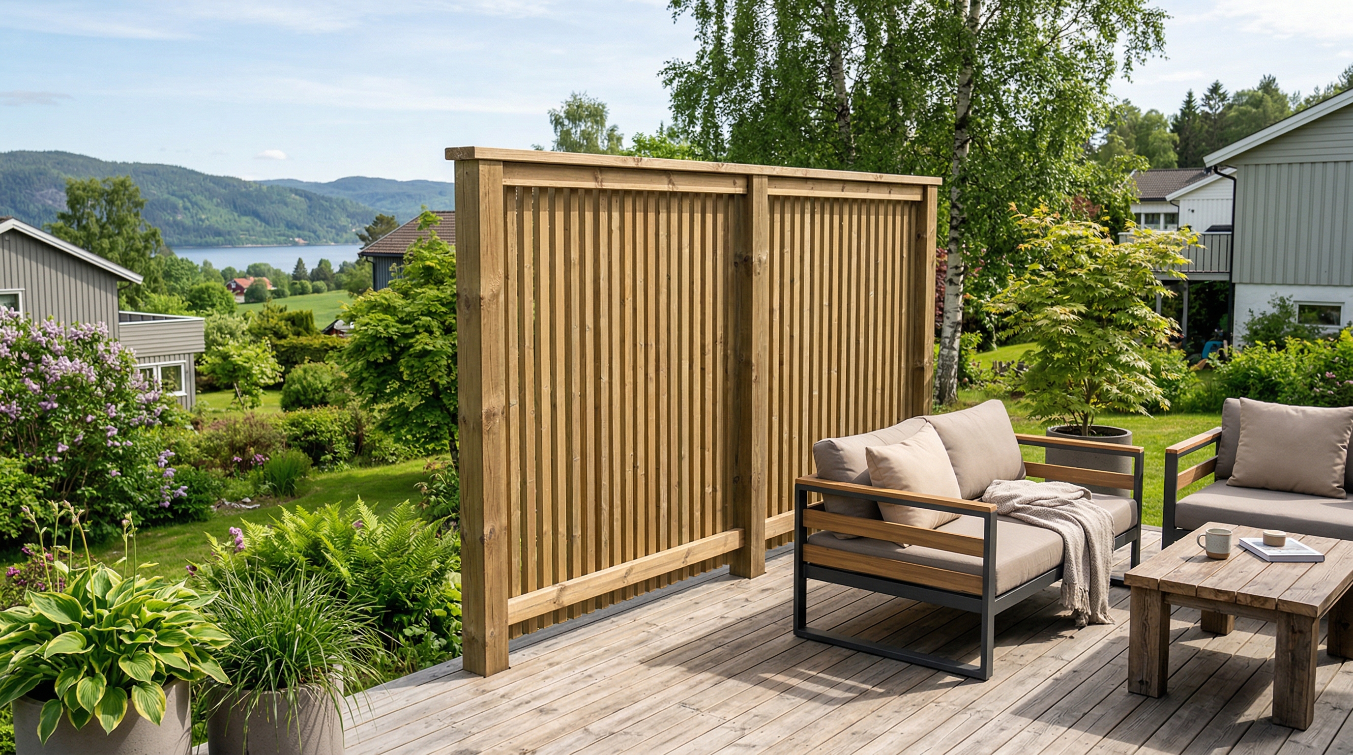 Frittstående spilevegg i tre på en moderne terrasse med hage bak